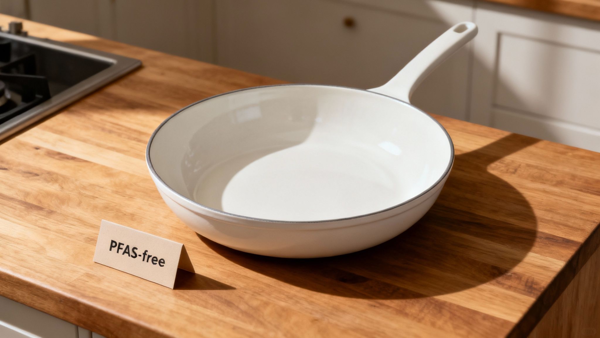 A person cooking vegetables in a white pan on a modern stovetop.