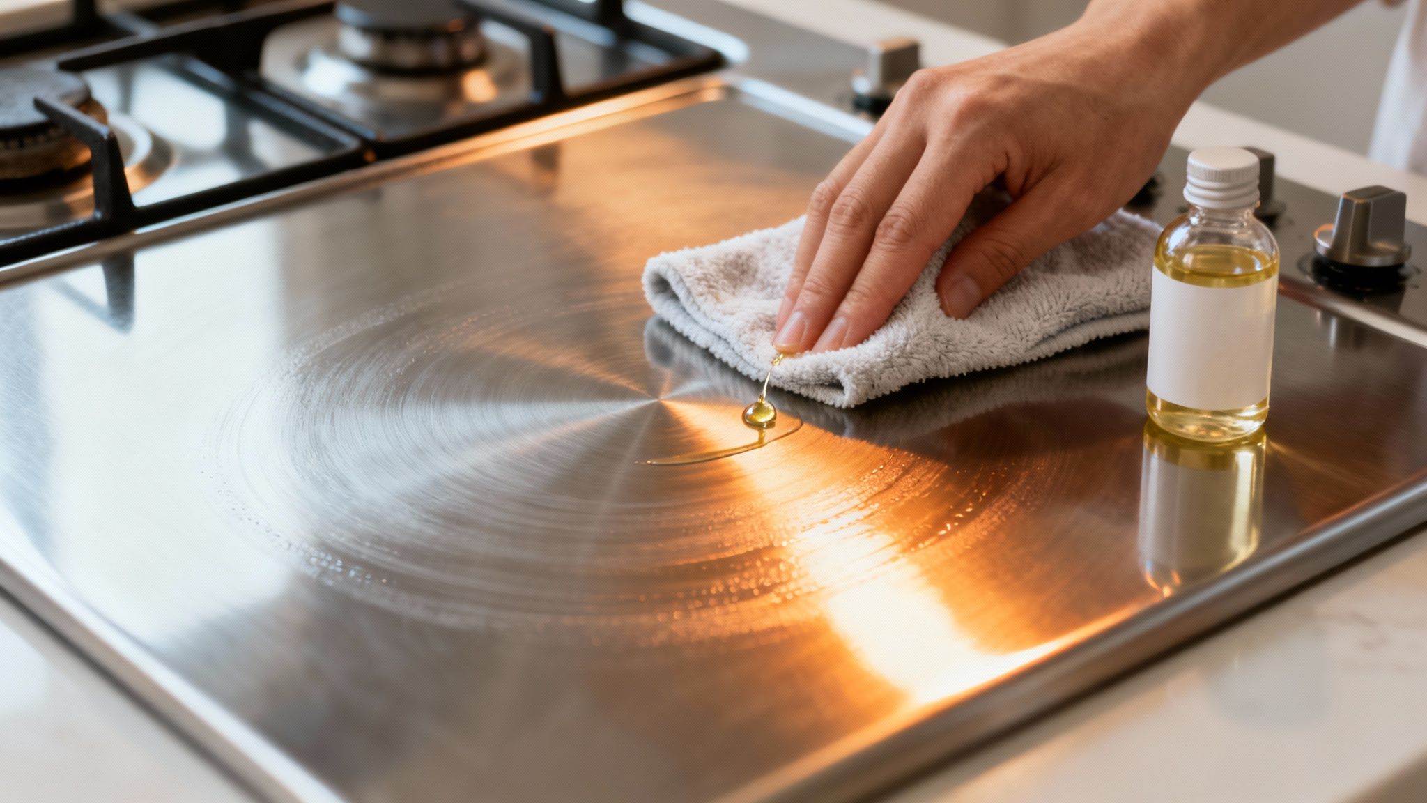 A person uses a cloth and oil to clean a shiny stainless steel stove top.