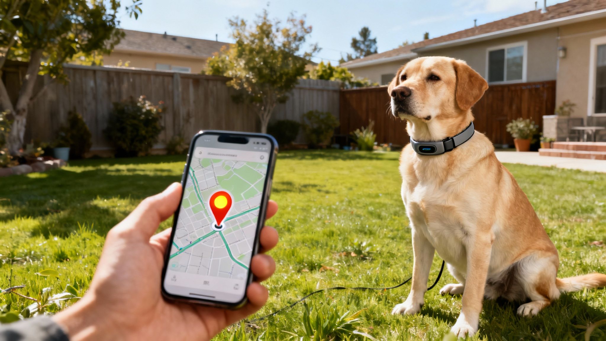 A happy dog wearing a GPS pet tracker on its collar, sitting in a sunny field.