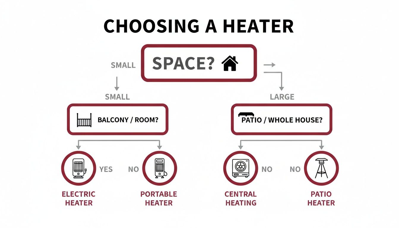 Flowchart detailing heater selection based on space size and type, suggesting electric, portable, central, or patio heaters.