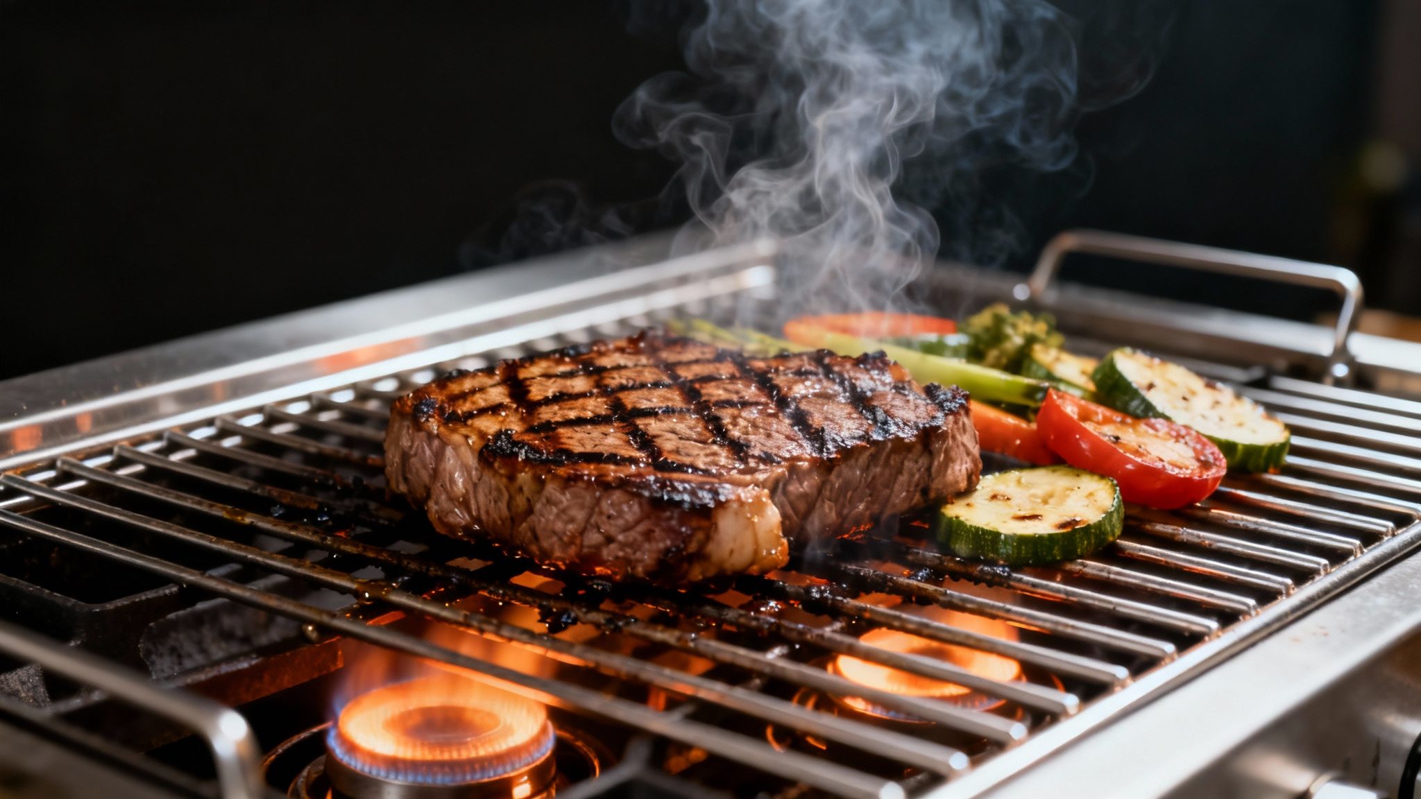 Close-up of steaks searing on a hot grill, showing flames and smoke