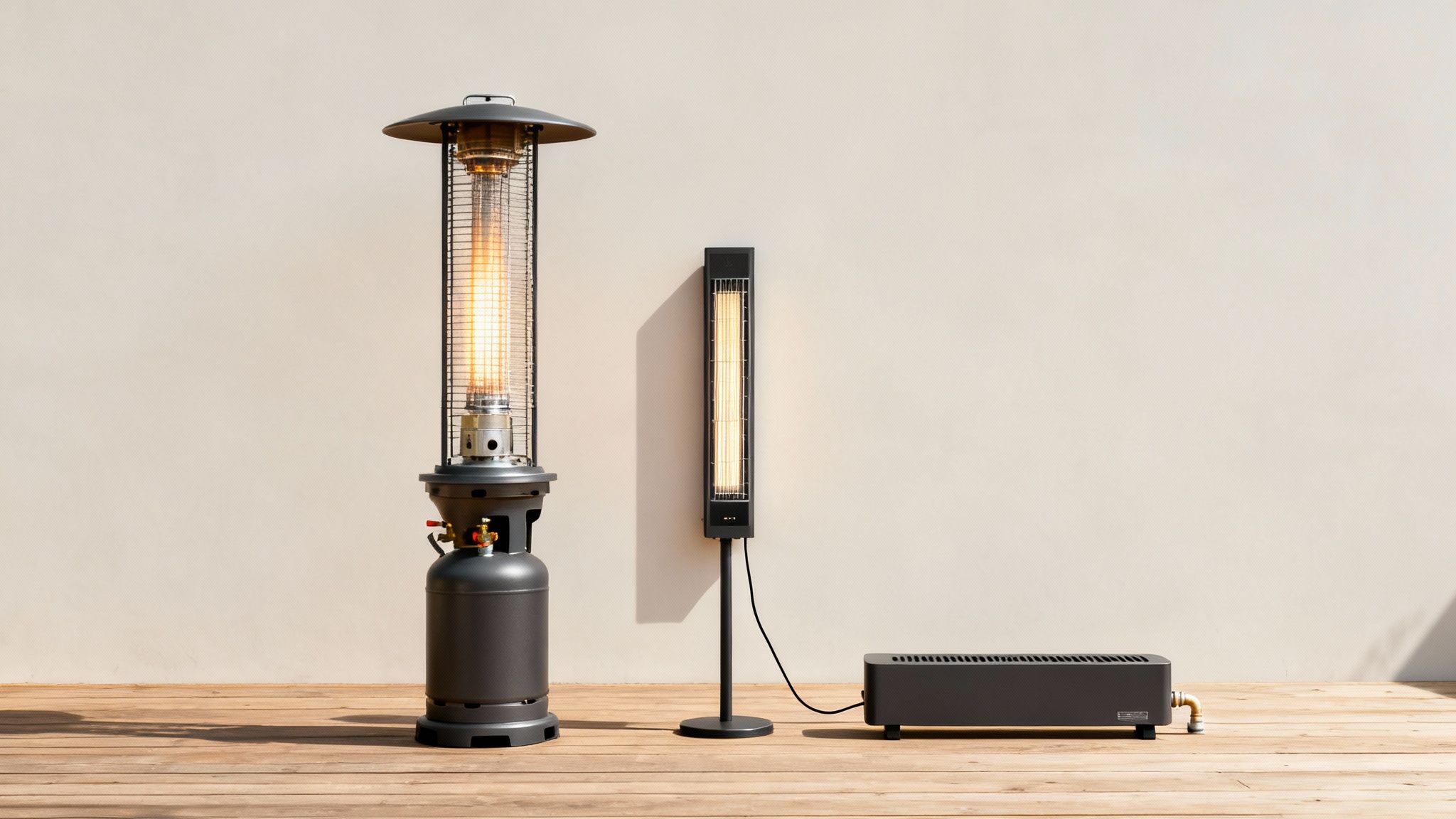 Three outdoor patio heaters displayed on wooden floor: gas tower heater, electric standing heater, and low-profile heater