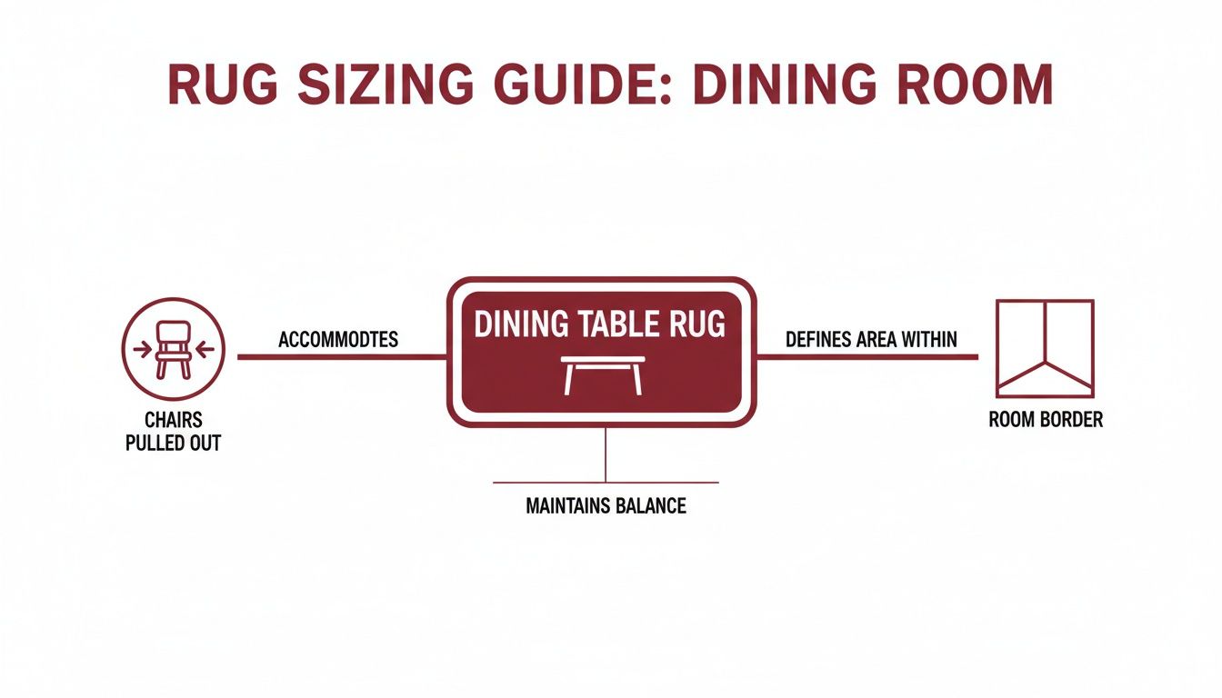 Diagram explaining dining room rug sizing, showing it accommodates chairs, defines area, and maintains balance.
