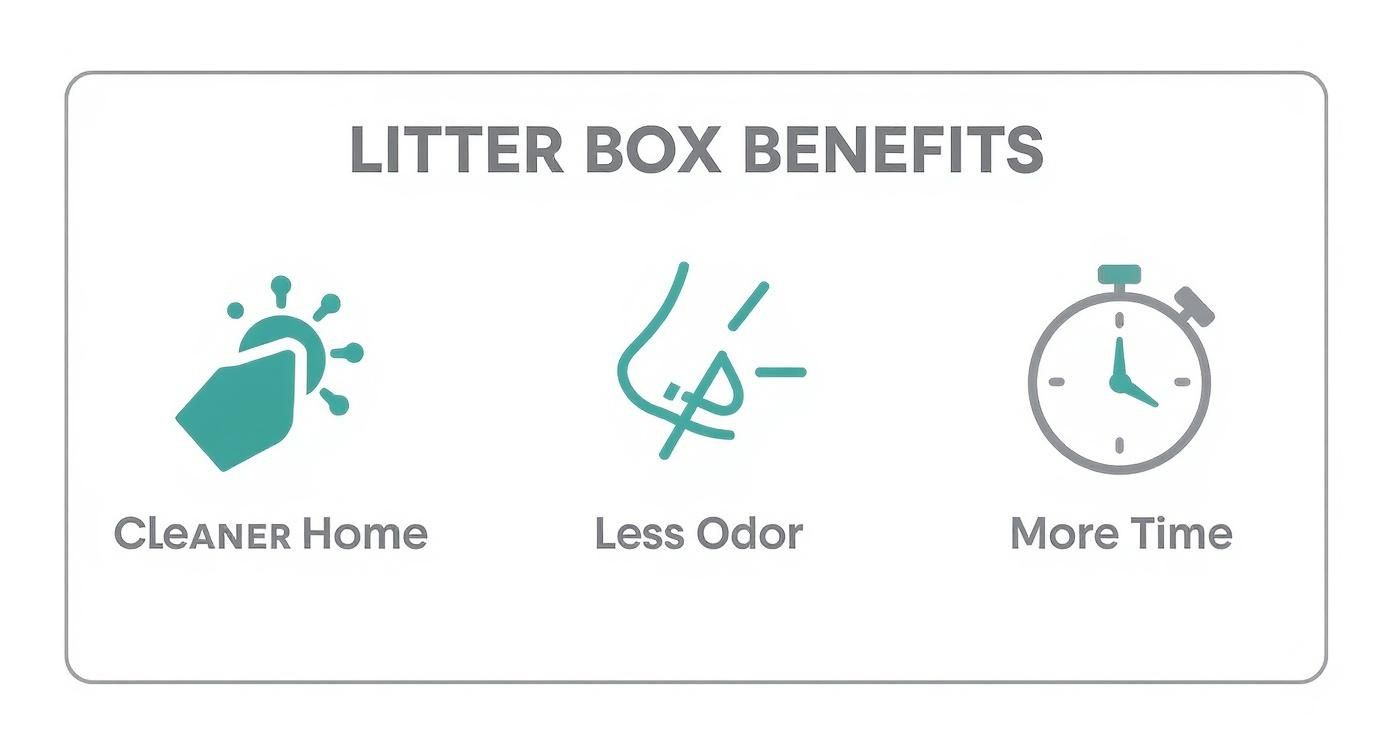 Infographic showing three litter box benefits: cleaner home with spray icon, less odor with nose icon, and more time with stopwatch icon