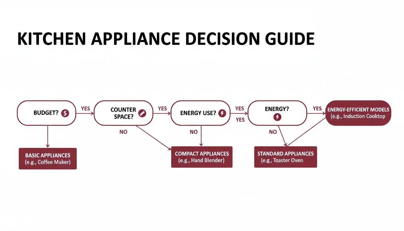 Flowchart guiding kitchen appliance choices based on budget, counter space, energy use, and efficiency.