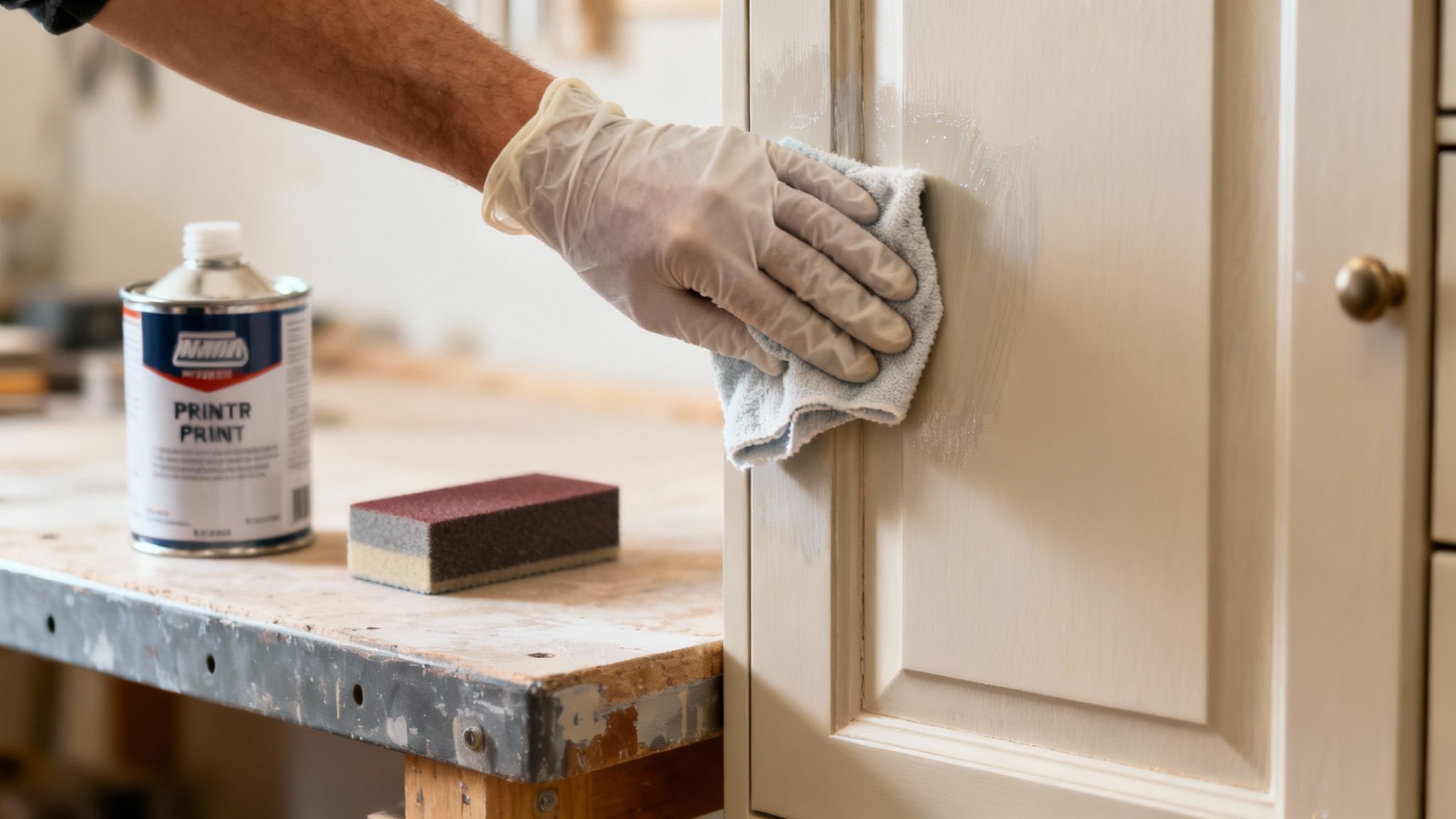 A person carefully sanding a white cabinet door before painting.