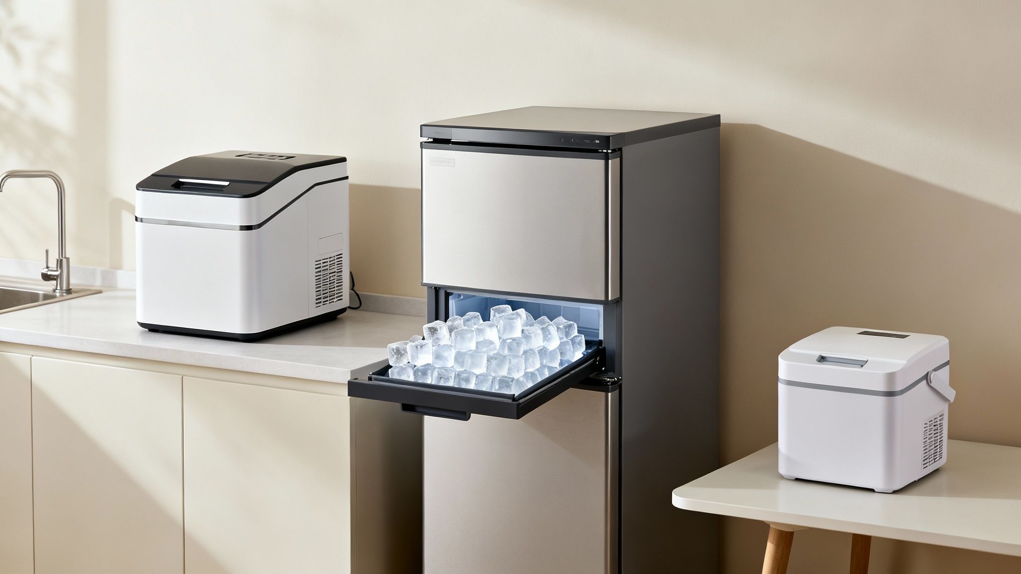 A countertop ice maker, an undercounter ice maker, and a portable ice maker side-by-side.