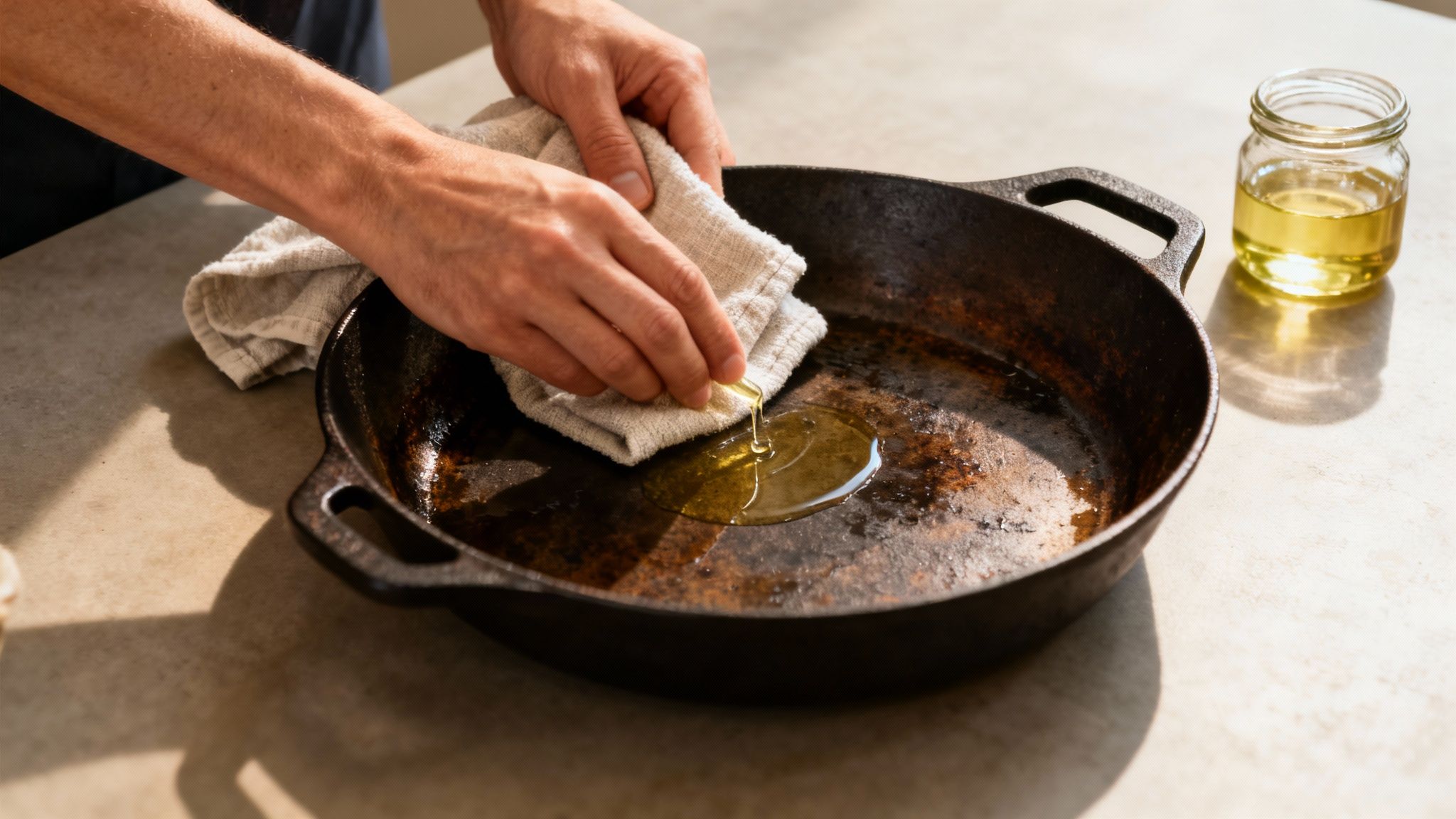 A person seasoning a cast iron skillet on a gas cooktop, rubbing oil into the surface.