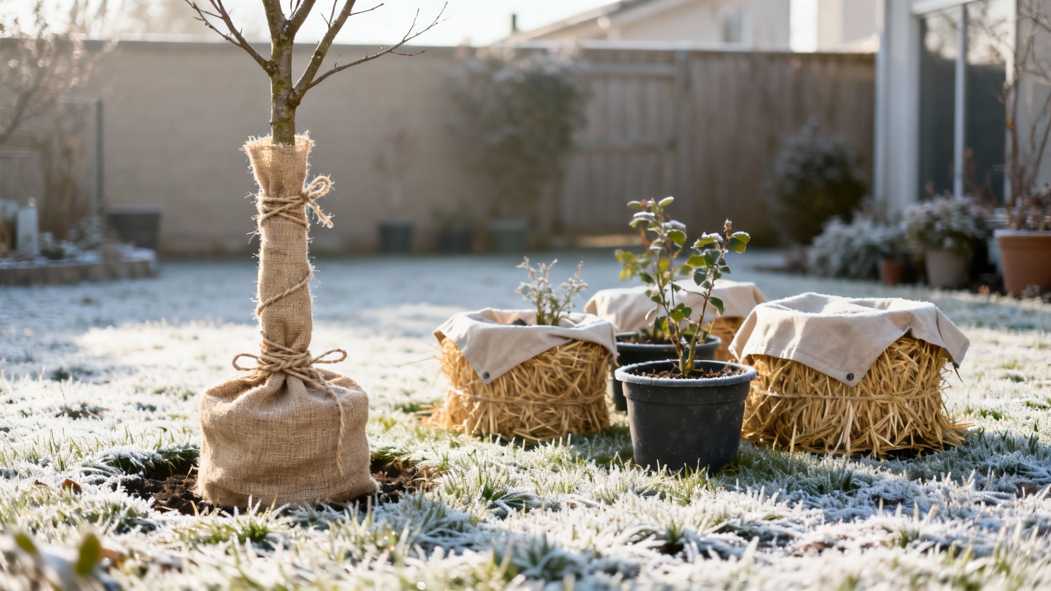 A garden with a young tree wrapped in burlap and potted plants protected by straw, covered in frost.