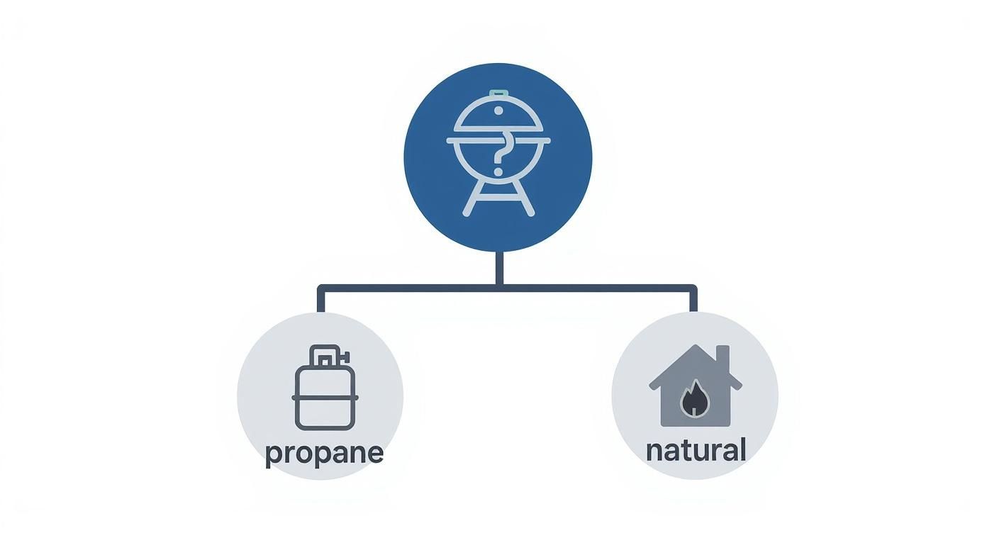 Infographic decision tree comparing propane and natural gas grill maintenance and setup.