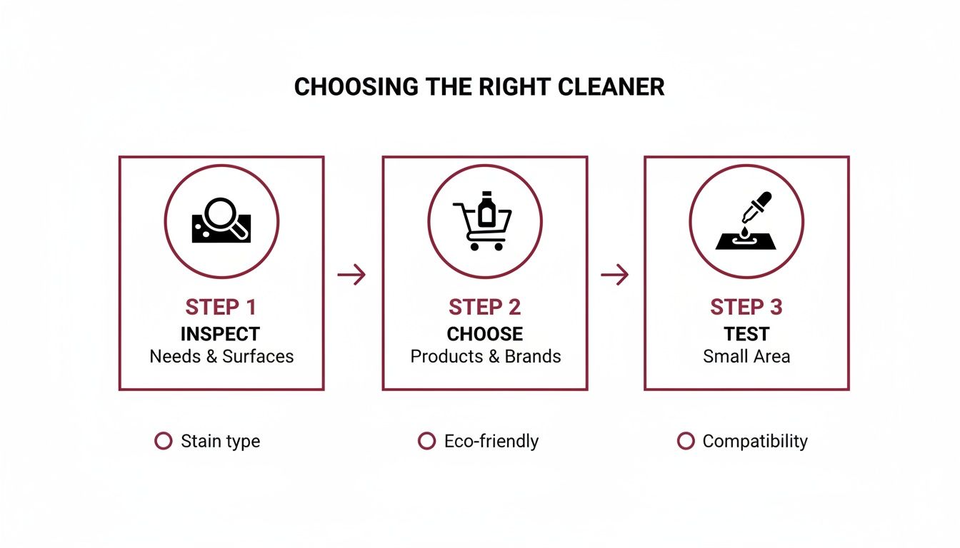 An infographic detailing a three-step process for choosing the right cleaner: Inspect, Choose, and Test.