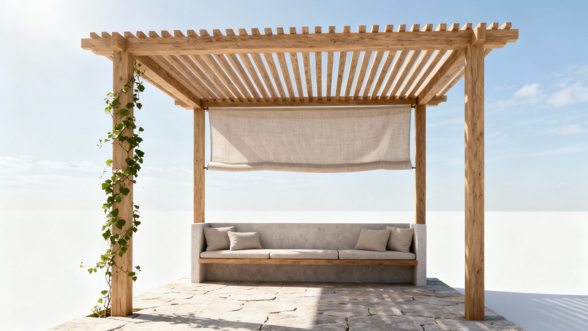 A modern outdoor pergola featuring a built-in concrete bench with cushions, a fabric shade, and a leafy vine.