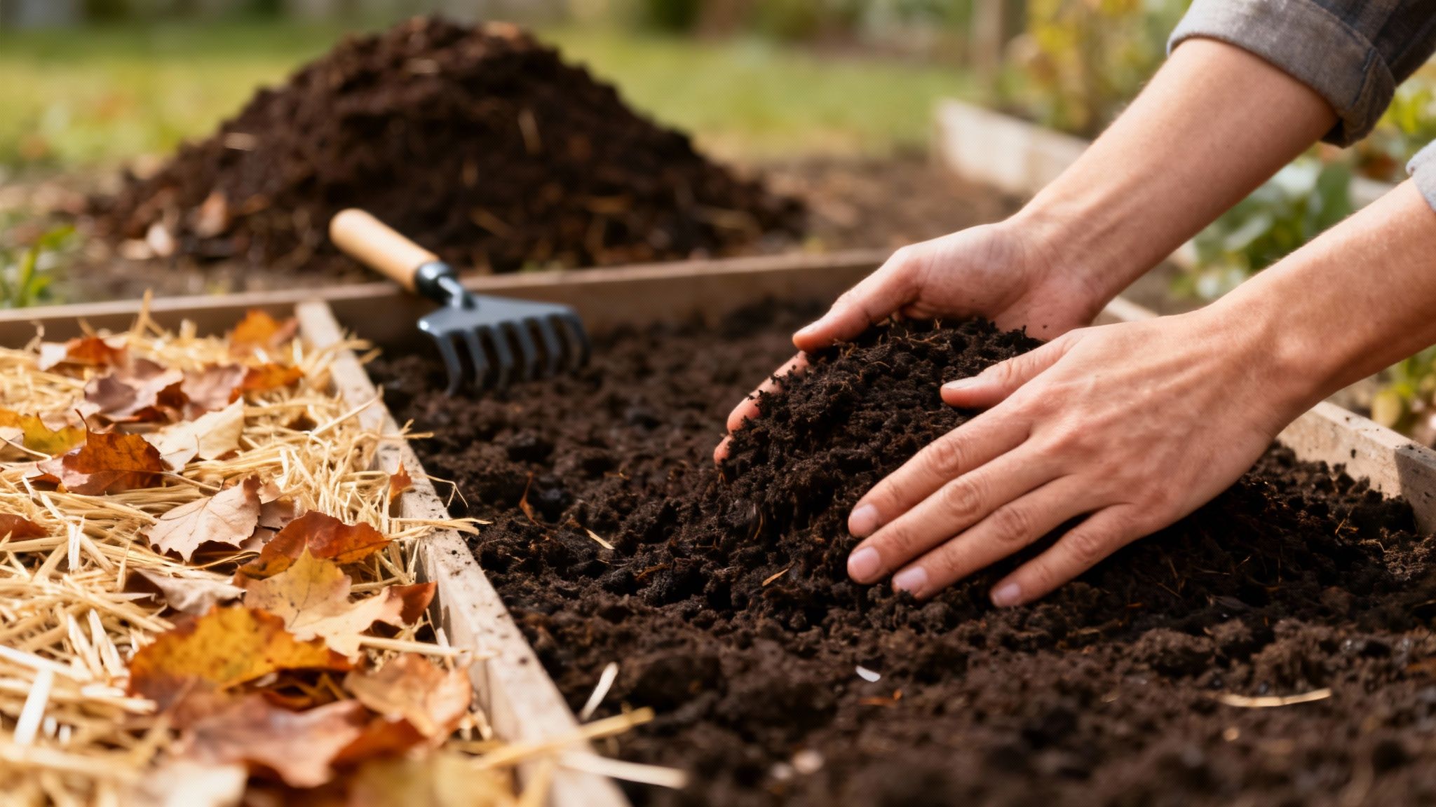 Close-up of hands preparing dark soil in a raised garden bed, next to straw and fallen leaves.