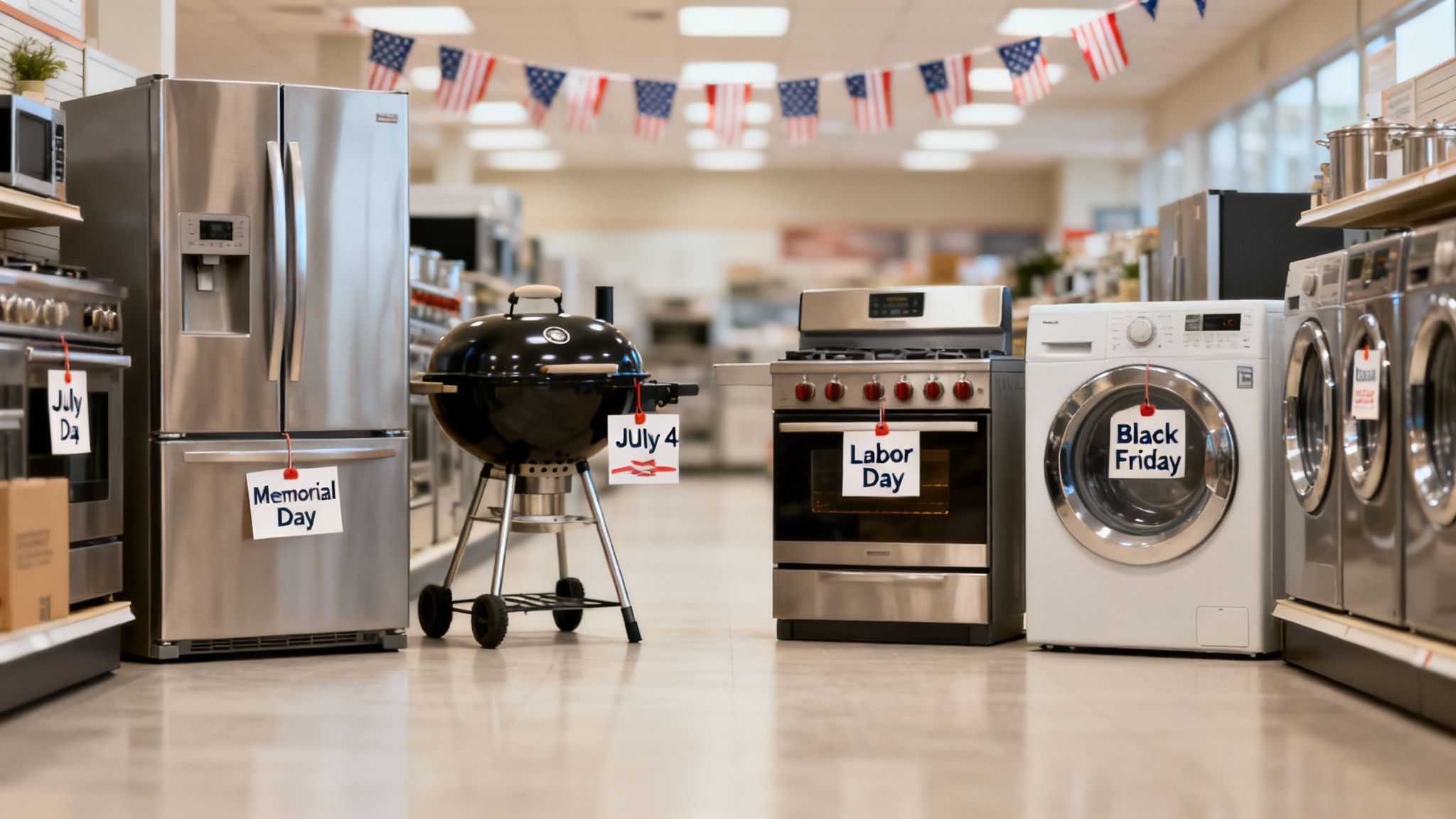 Various home appliances including a refrigerator, grill, stove, and washing machines with holiday sale signs.