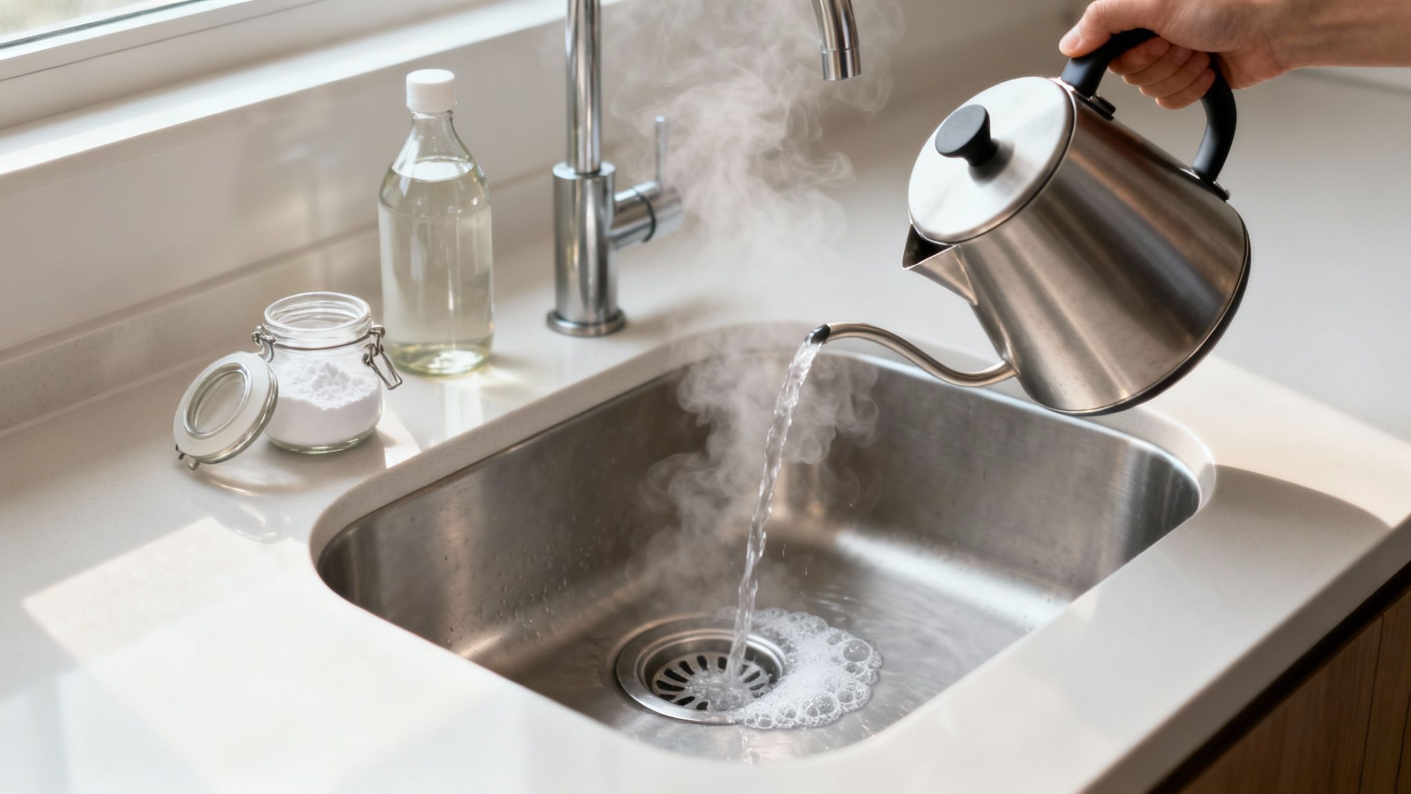 A person pours steaming hot water from a kettle into a kitchen sink with baking soda and vinegar.