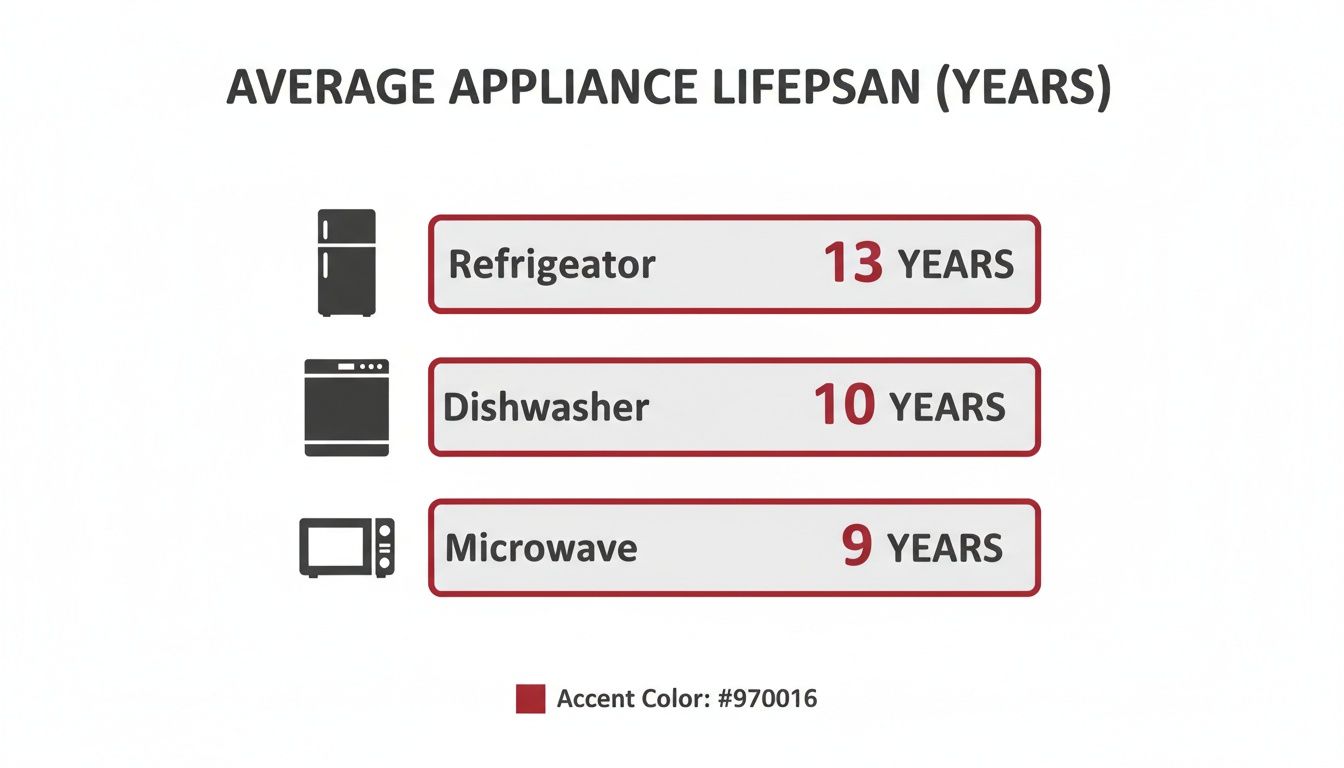 Infographic showing average lifespans of common kitchen appliances: refrigerator (13 years), dishwasher (10 years), microwave (9 years).