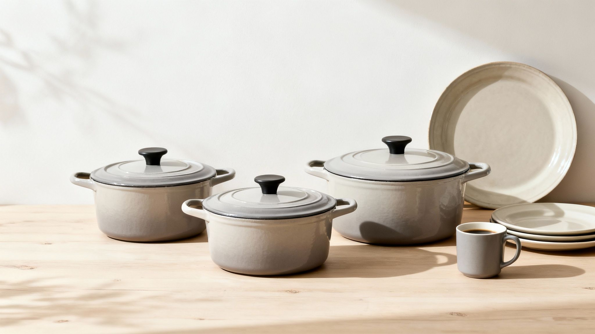 Three different sized Dutch ovens with lids displayed on wooden table with matching dinnerware