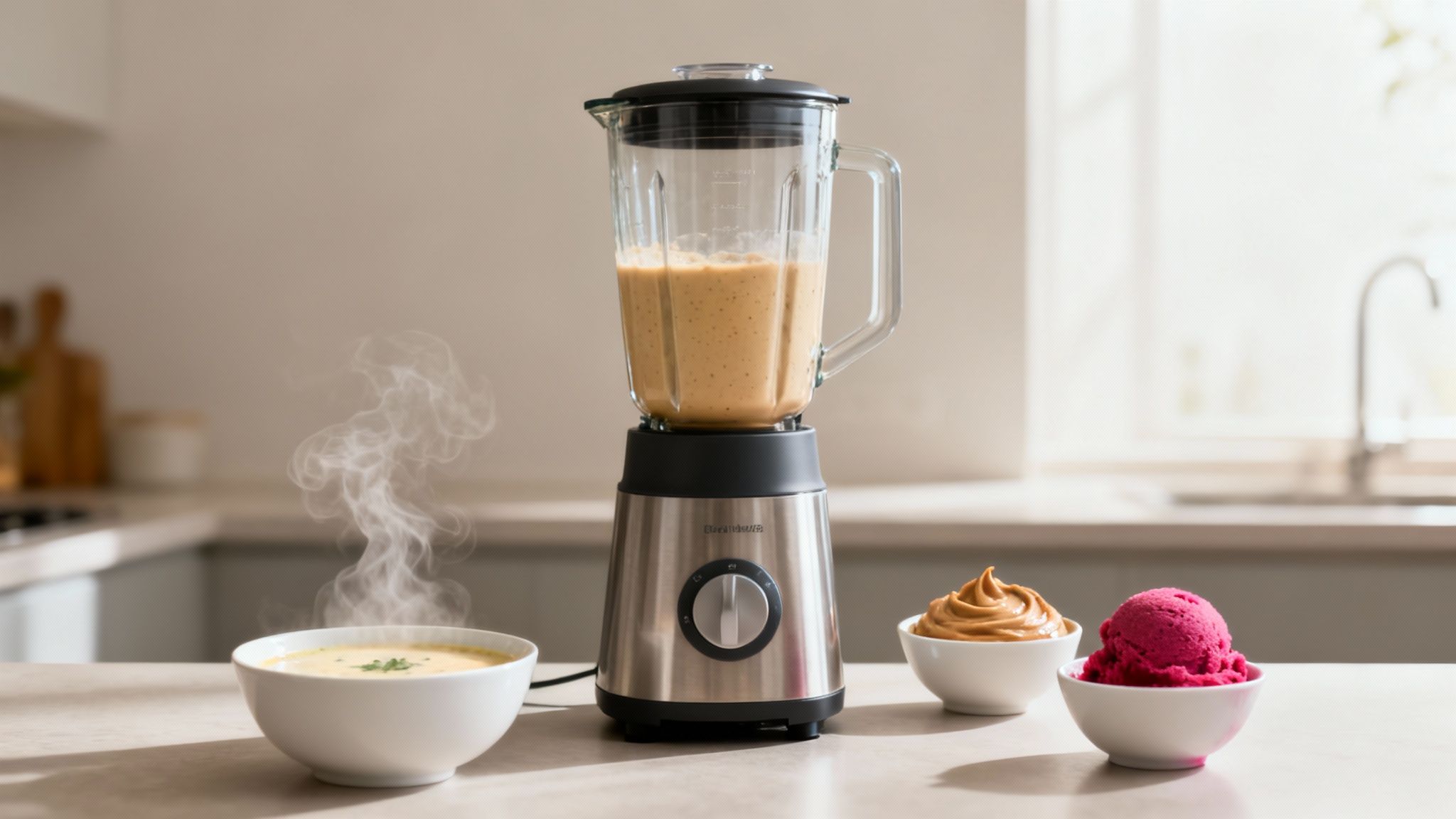 A person pouring a thick, creamy soup from a blender pitcher into a bowl, garnished with fresh herbs.