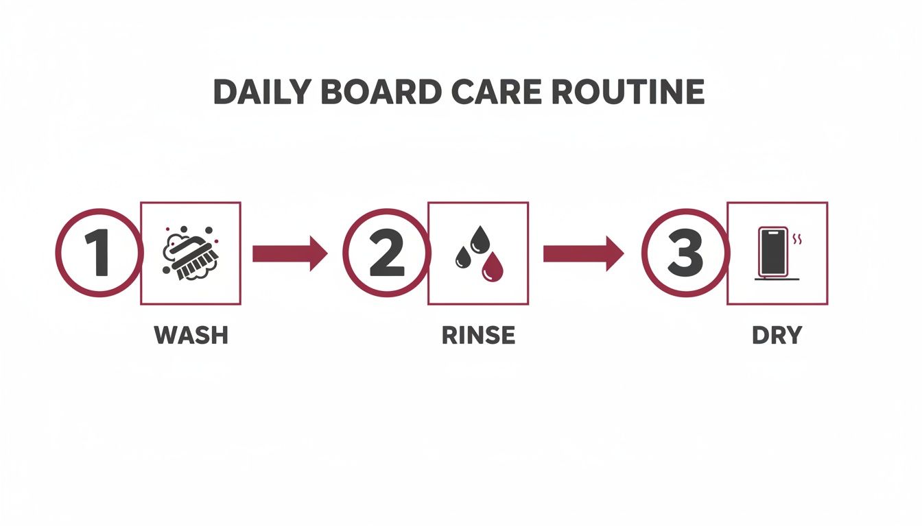 Infographic detailing a daily board care routine with three steps: wash, rinse, and dry.