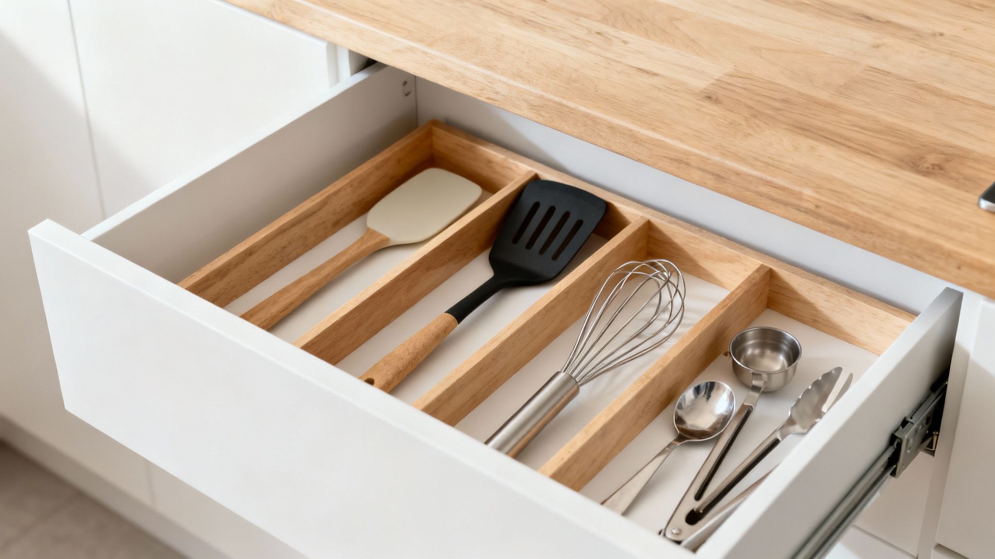 An open kitchen drawer with a wooden organizer holding neatly arranged cooking spatulas, whisk, and tongs.