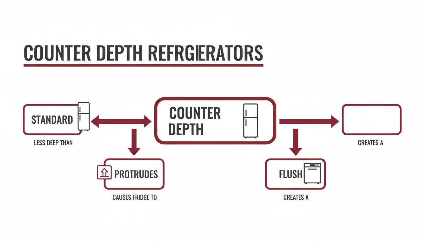 Diagram comparing standard and counter-depth refrigerators, showing how counter-depth creates a flush look.