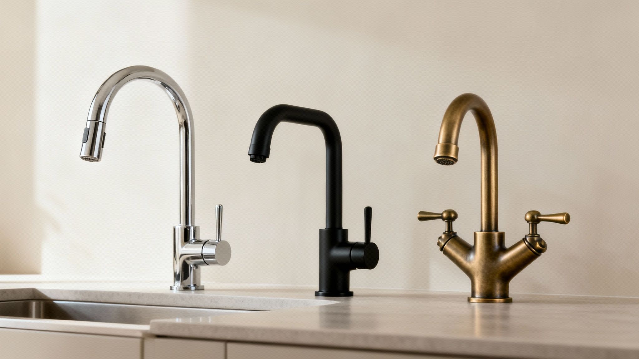 Three modern kitchen faucets in chrome, matte black, and antique brass finishes on a countertop.