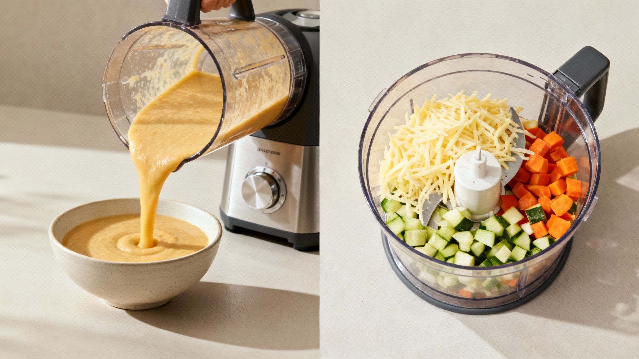 A vibrant smoothie is being poured from a blender into a glass, next to a food processor bowl filled with freshly chopped vegetables for a salad.