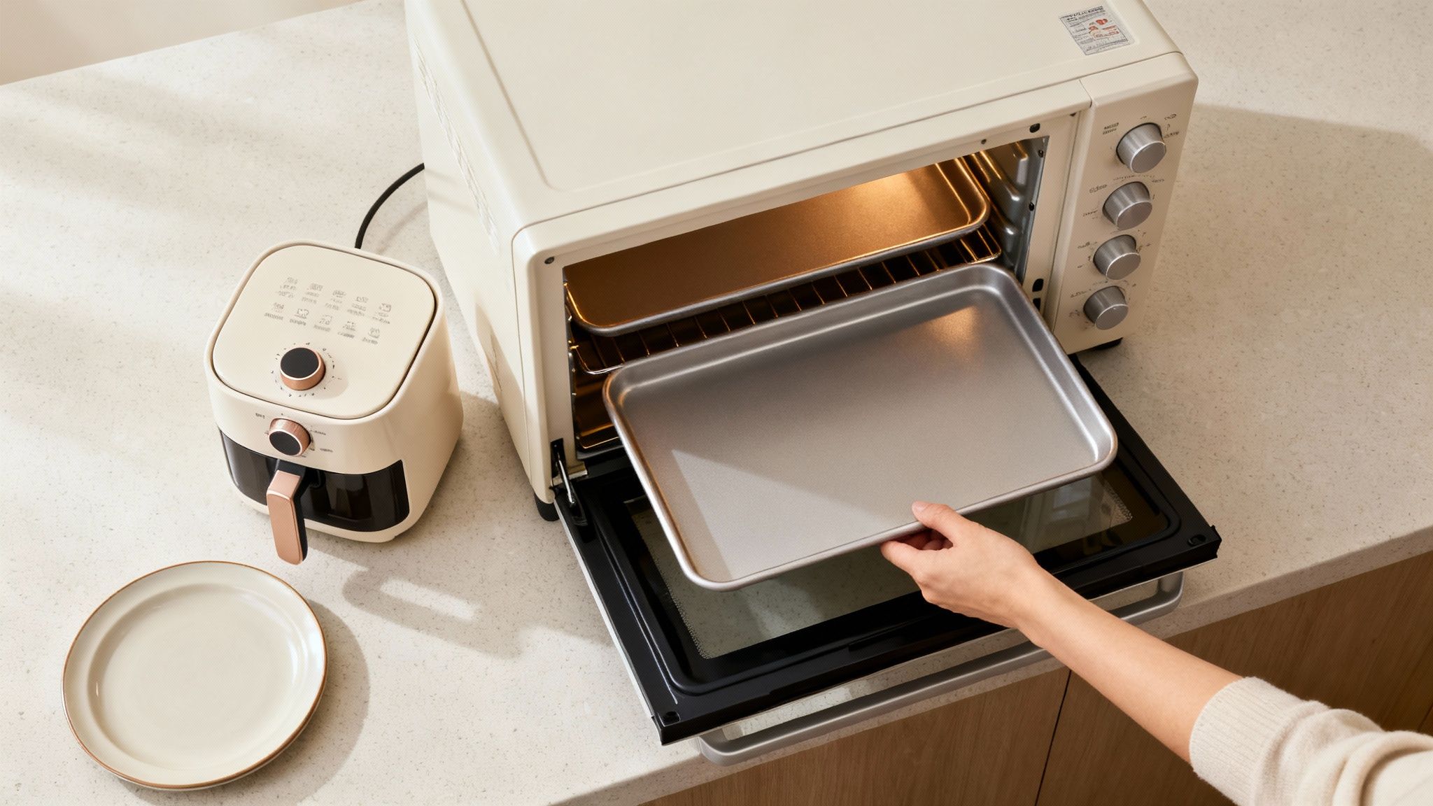 A person's hand slides a baking tray into a cream-colored convection oven next to an air fryer.