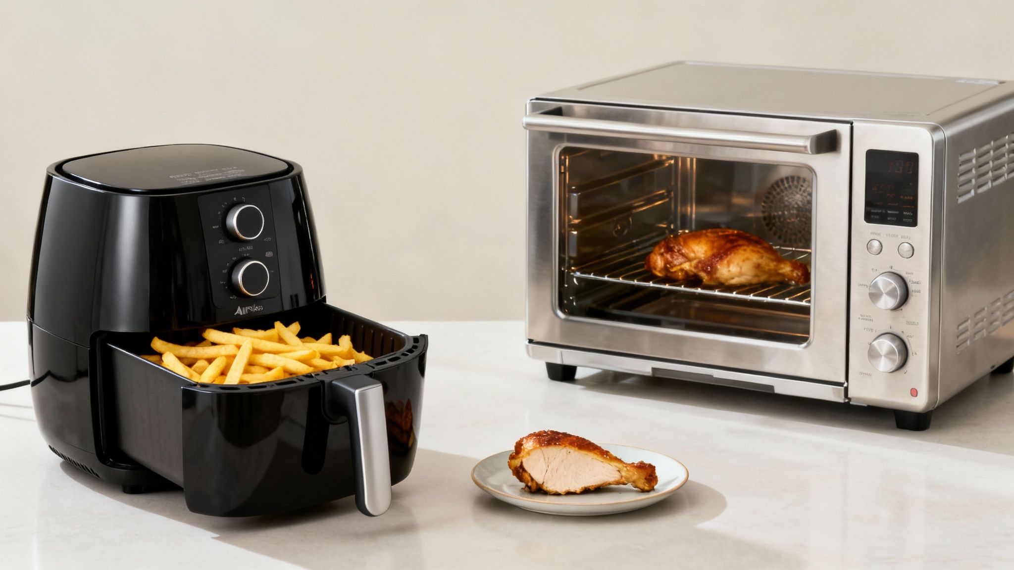 An air fryer filled with french fries and a convection oven with roasted chicken.