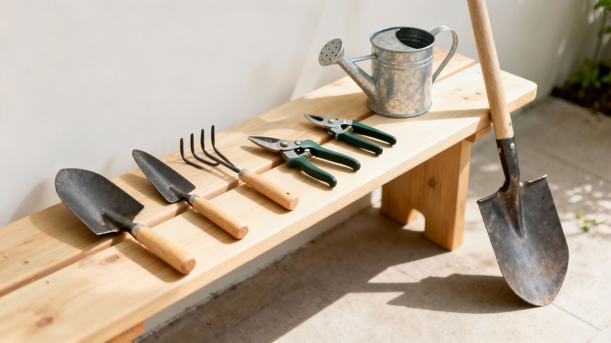 A collection of essential gardening tools, including shovels, shears, a rake, and a watering can, on a wooden bench.