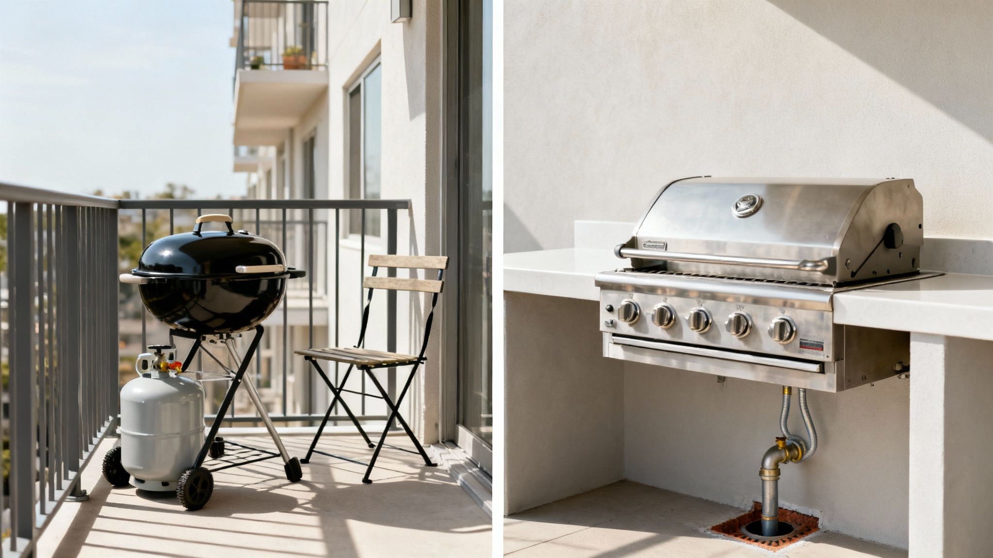 A person connecting a propane tank to a grill on a patio