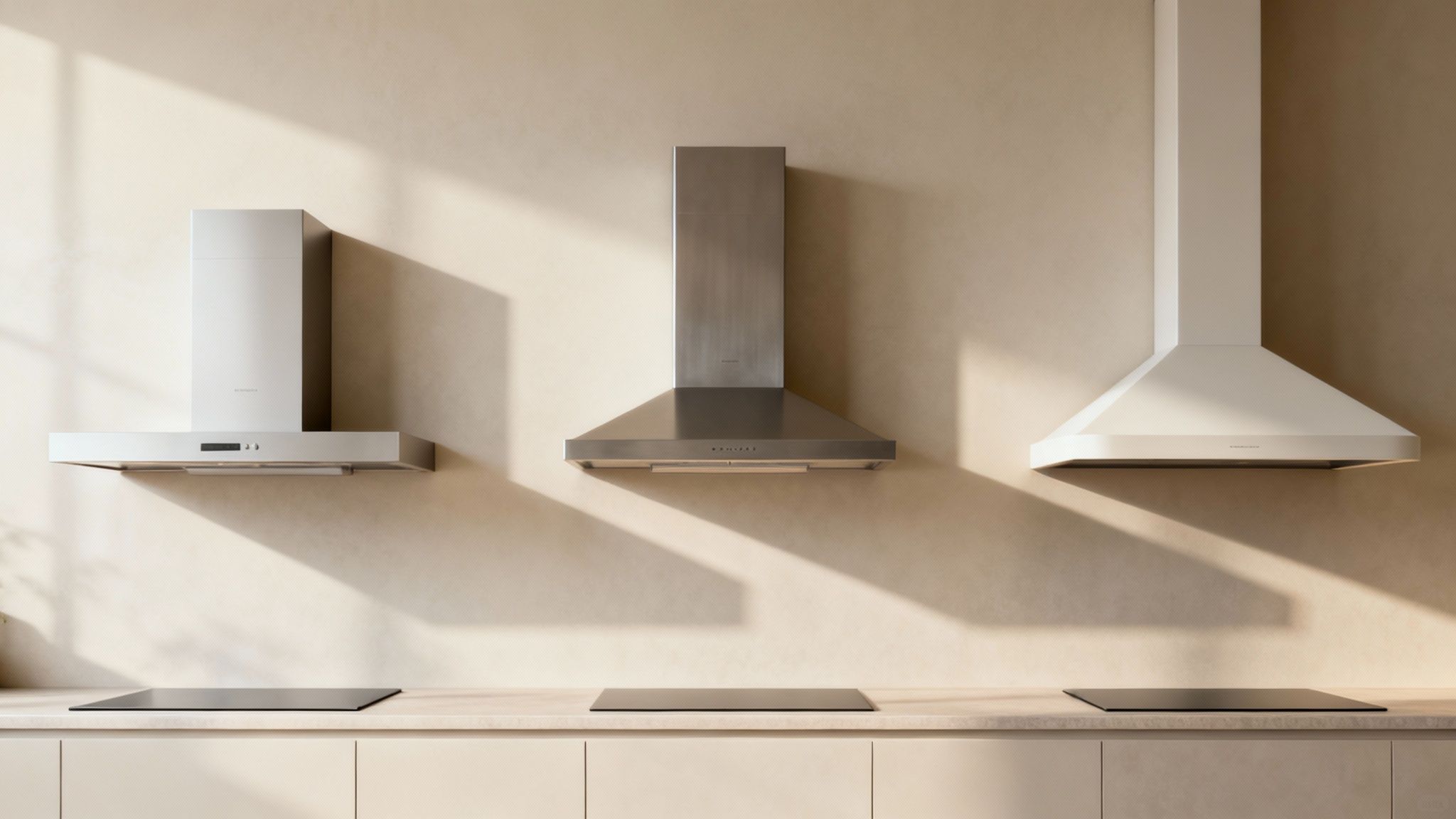 Three stylish kitchen vent hoods, including white, stainless steel, and classic designs, in a modern kitchen.