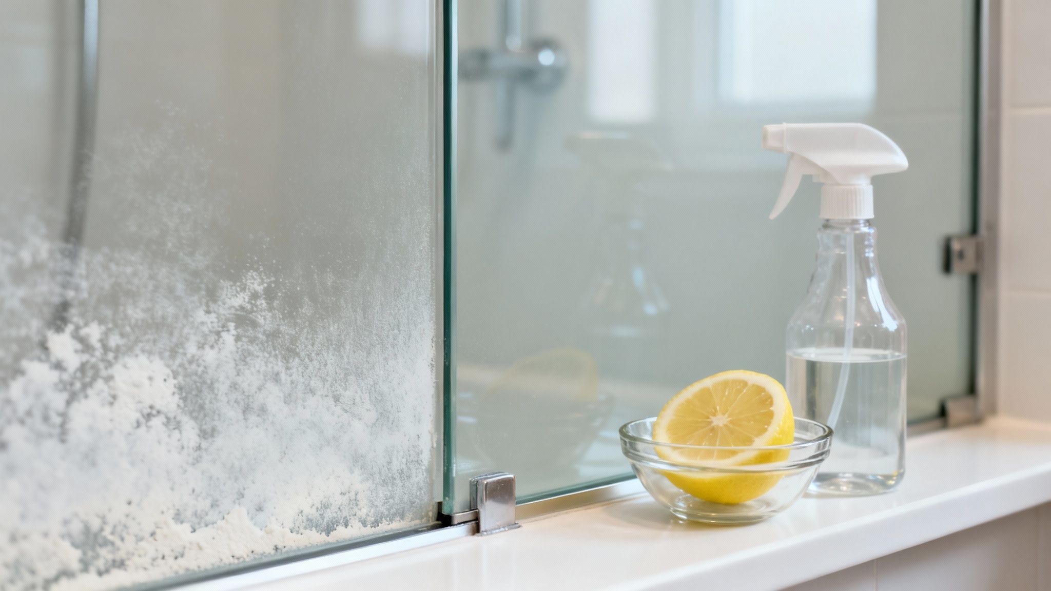 A dirty glass shower door covered in hard water stains, with a lemon and spray bottle on a shelf.