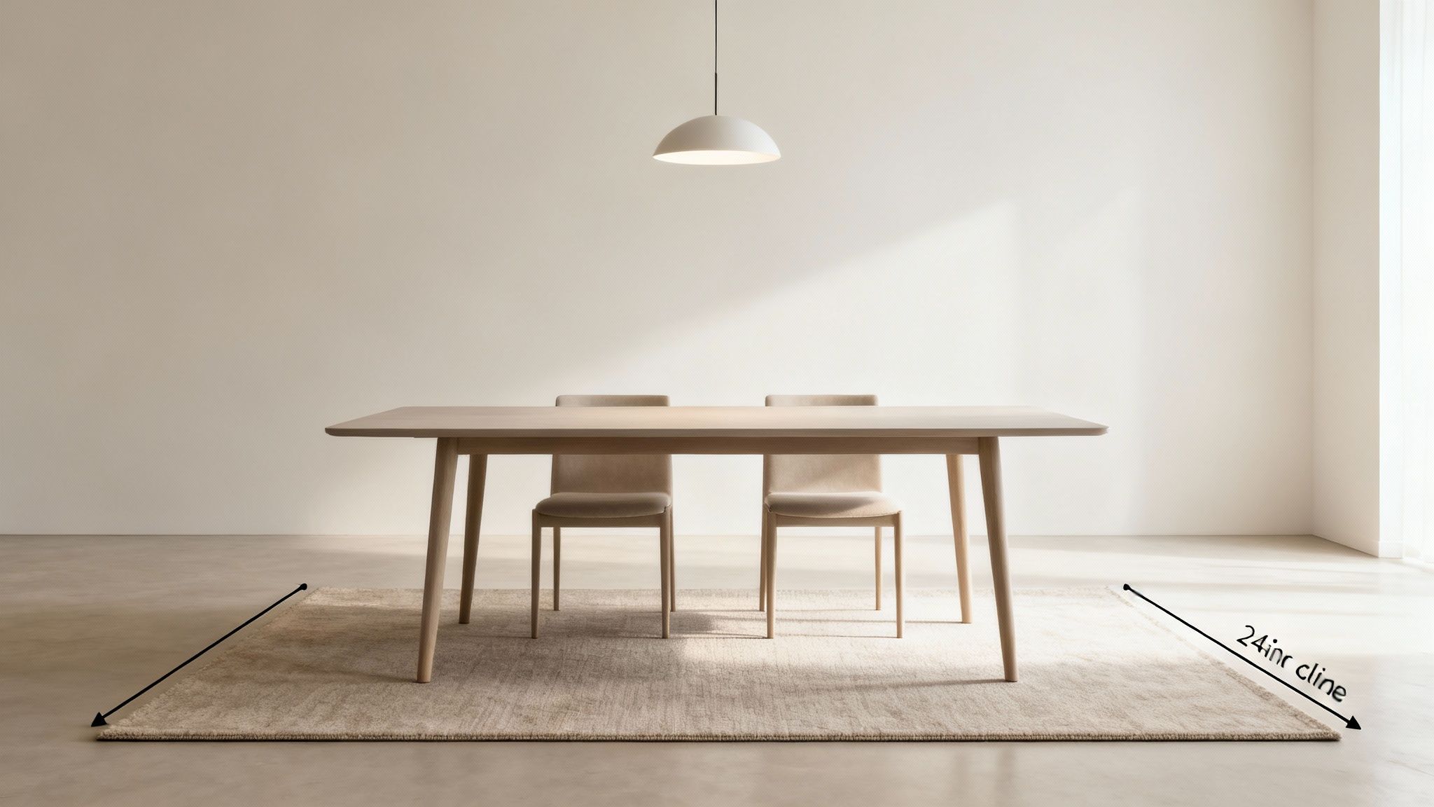 A minimalist dining room features a light wood table, two chairs, and a cozy beige rug.