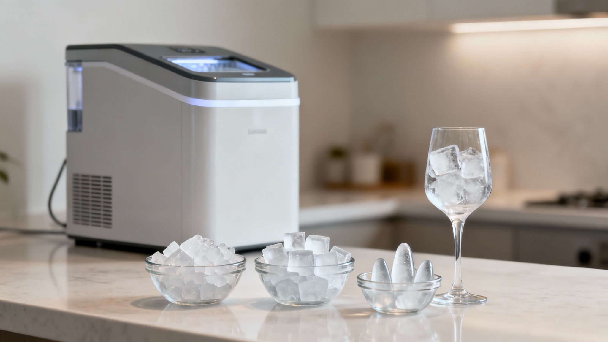 A modern kitchen with a sleek countertop ice maker producing fresh ice cubes.