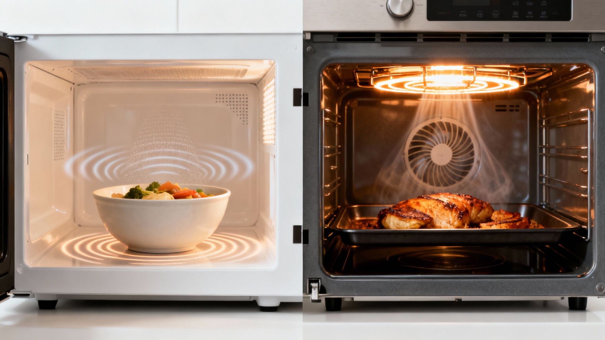 Side-by-side view of a microwave heating vegetables and a convection oven baking meat and potatoes.