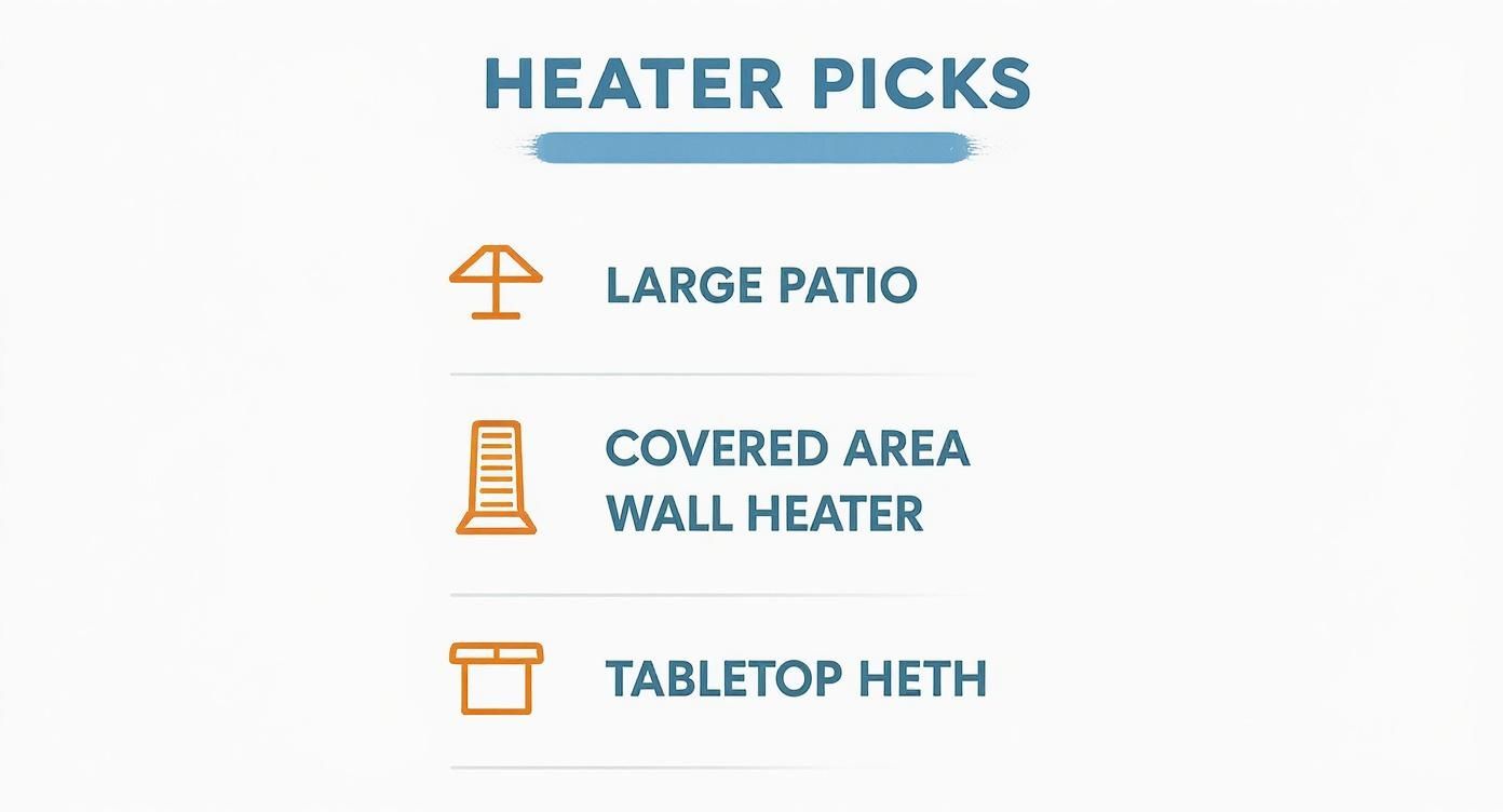 Infographic showing three heater picks: large patio heater, covered area wall heater, and tabletop heater