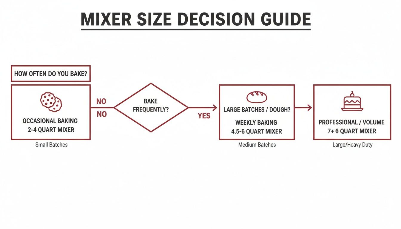 Decision guide flowchart for choosing the right stand mixer size for baking needs.