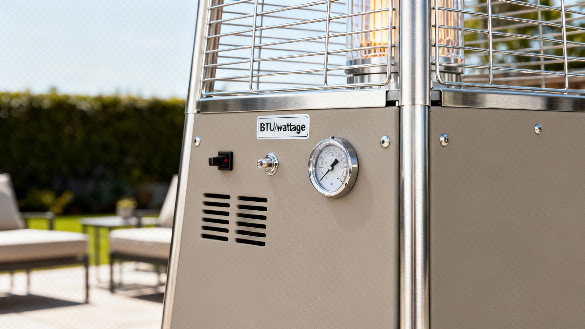 Outdoor patio heater control panel showing BTU wattage gauge, power switch, and pressure meter