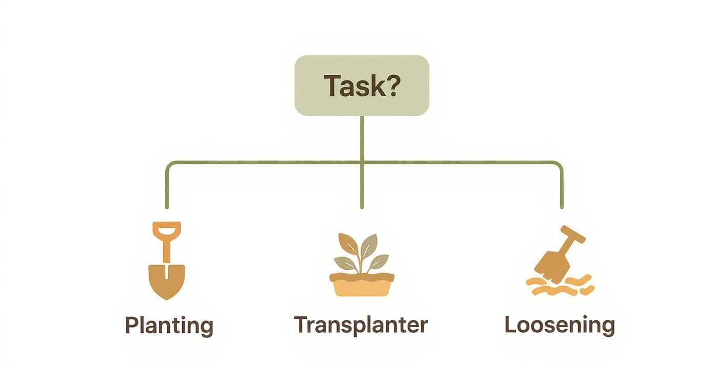 A flowchart illustrating three common gardening tasks: planting with a shovel, transplanting a plant, and loosening soil.