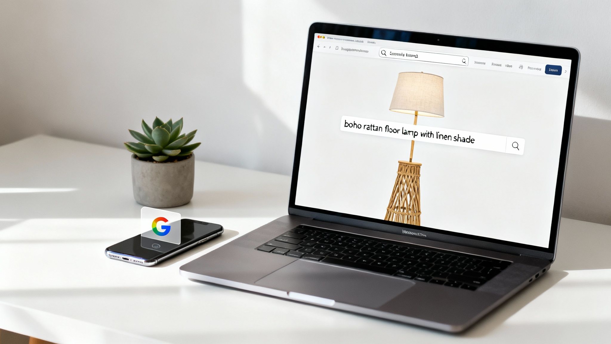 A laptop screen displays a search for 'boho rattan floor lamp with linen shade' beside a smartphone with Google logo.