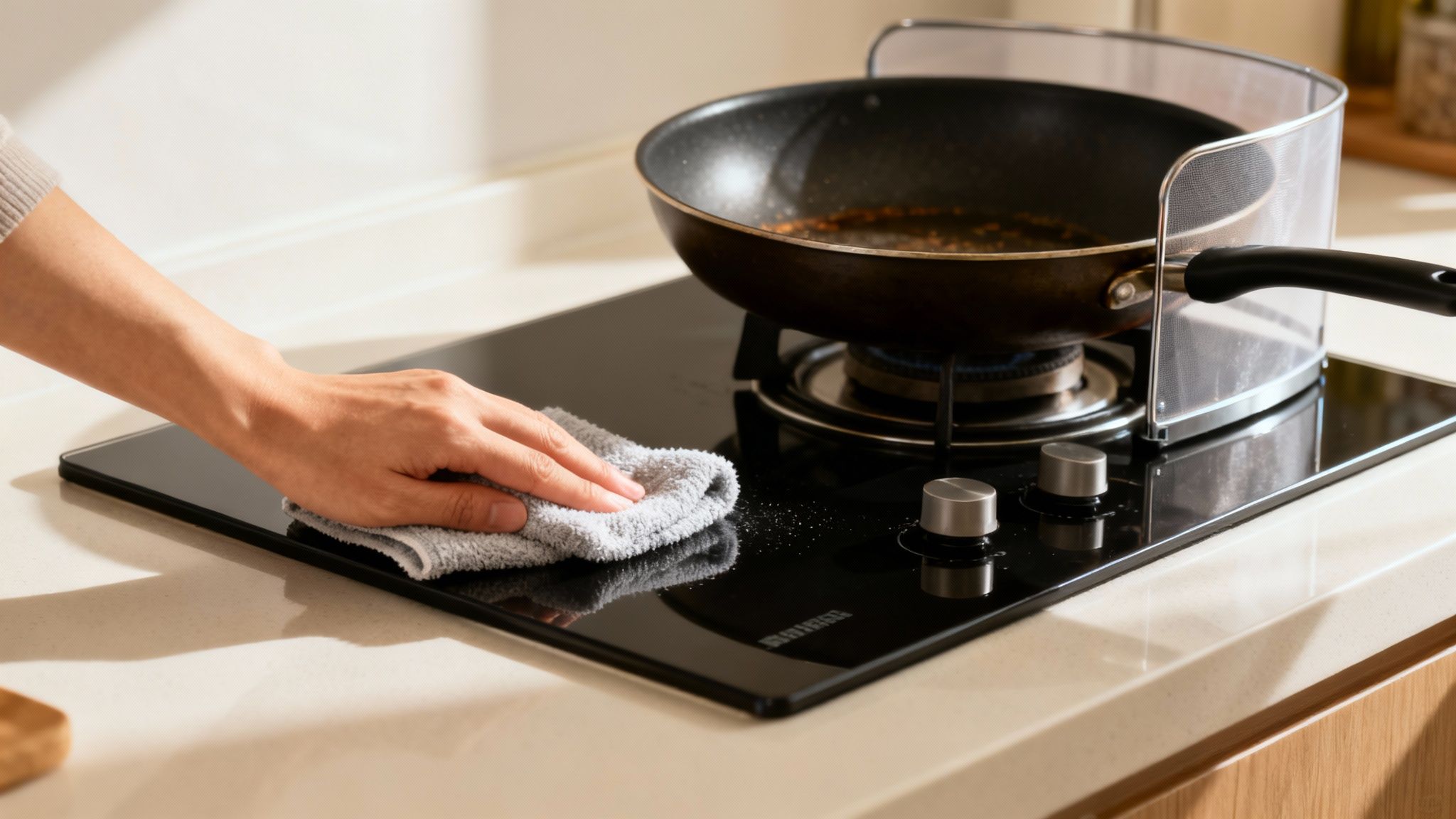 Close-up of a hand cleaning a black gas stovetop with a grey microfiber cloth.