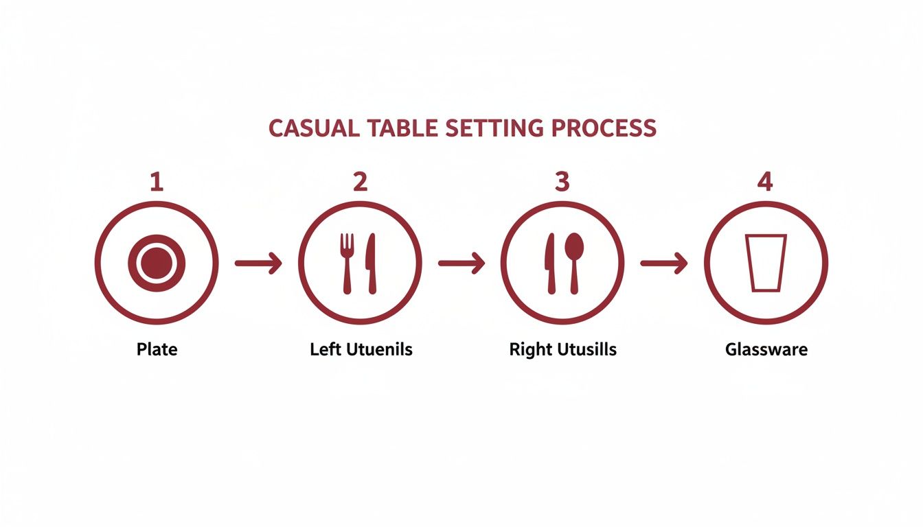 Infographic illustrating the four steps of casual table setting: plate, left and right utensils, and glassware.
