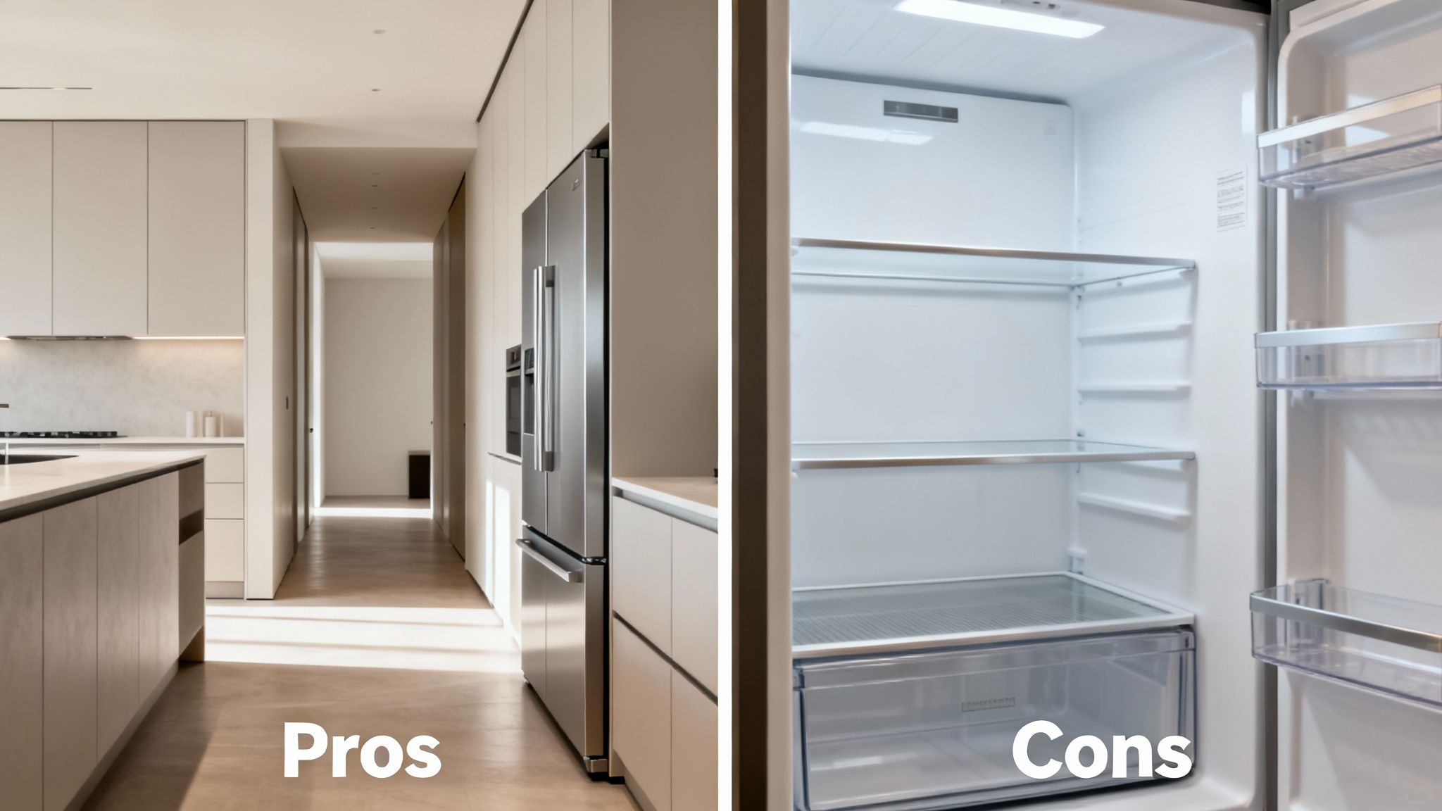 Modern kitchen with a counter-depth refrigerator integrated into cabinets, contrasted with its empty interior.