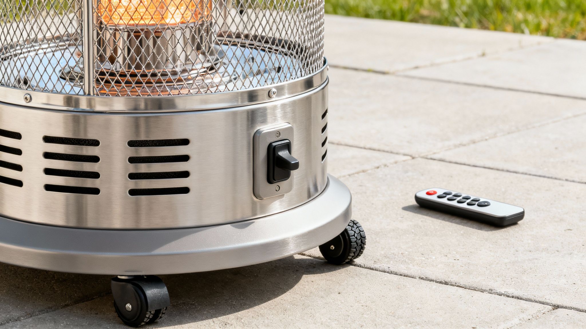 Stainless steel outdoor patio heater with glowing element, control switch, wheels, and a remote on paved ground.