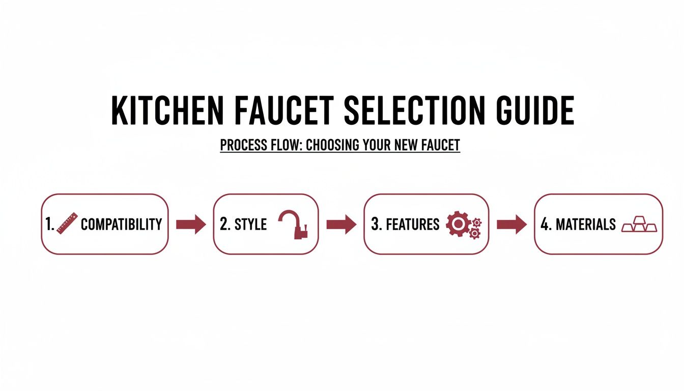 A kitchen faucet selection guide process flow showing steps for choosing a new faucet.
