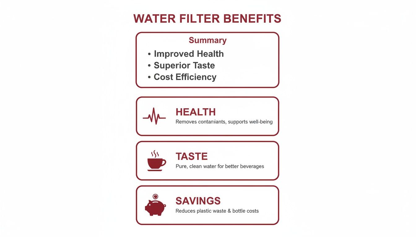Infographic detailing water filter benefits: improved health, superior taste, and cost savings.