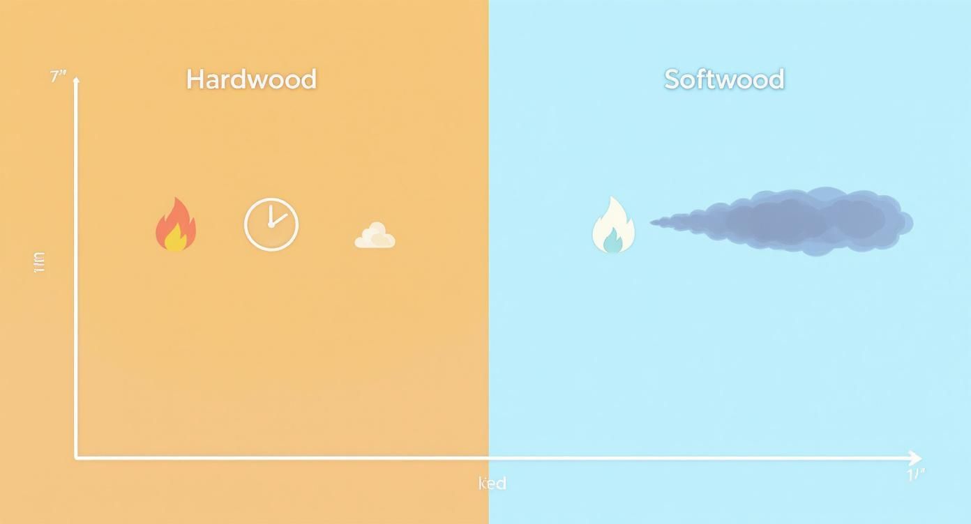 Hardwood vs. Softwood infographic illustrating hardwood burns hotter and cleaner, softwood creates more smoke.