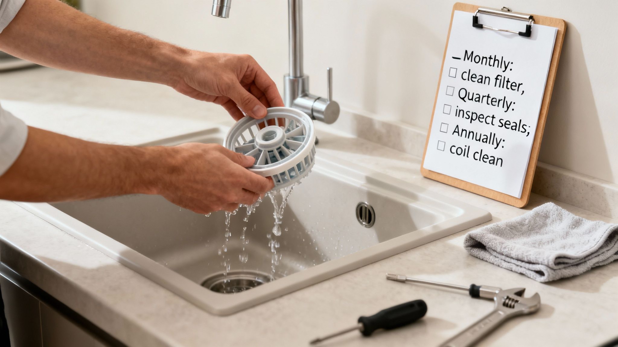 Hands cleaning a kitchen appliance filter in a sink, with a maintenance checklist nearby.