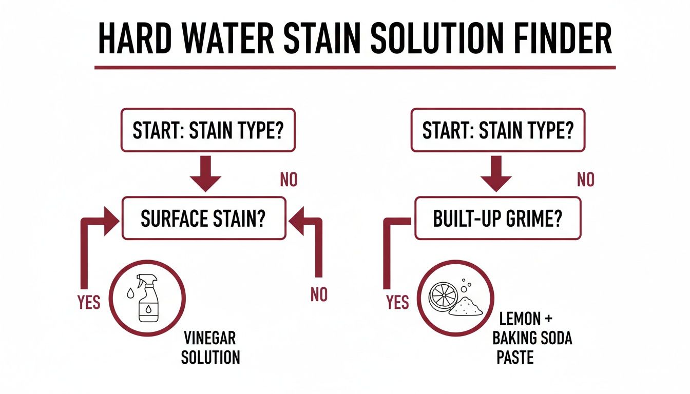 Flowchart showing hard water stain solutions: vinegar for surface stains and lemon with baking soda for built-up grime.